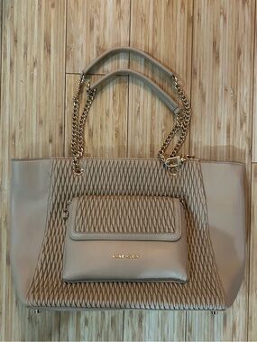 Anne Klein Beige Quilted Tote with Gold Chain Handles